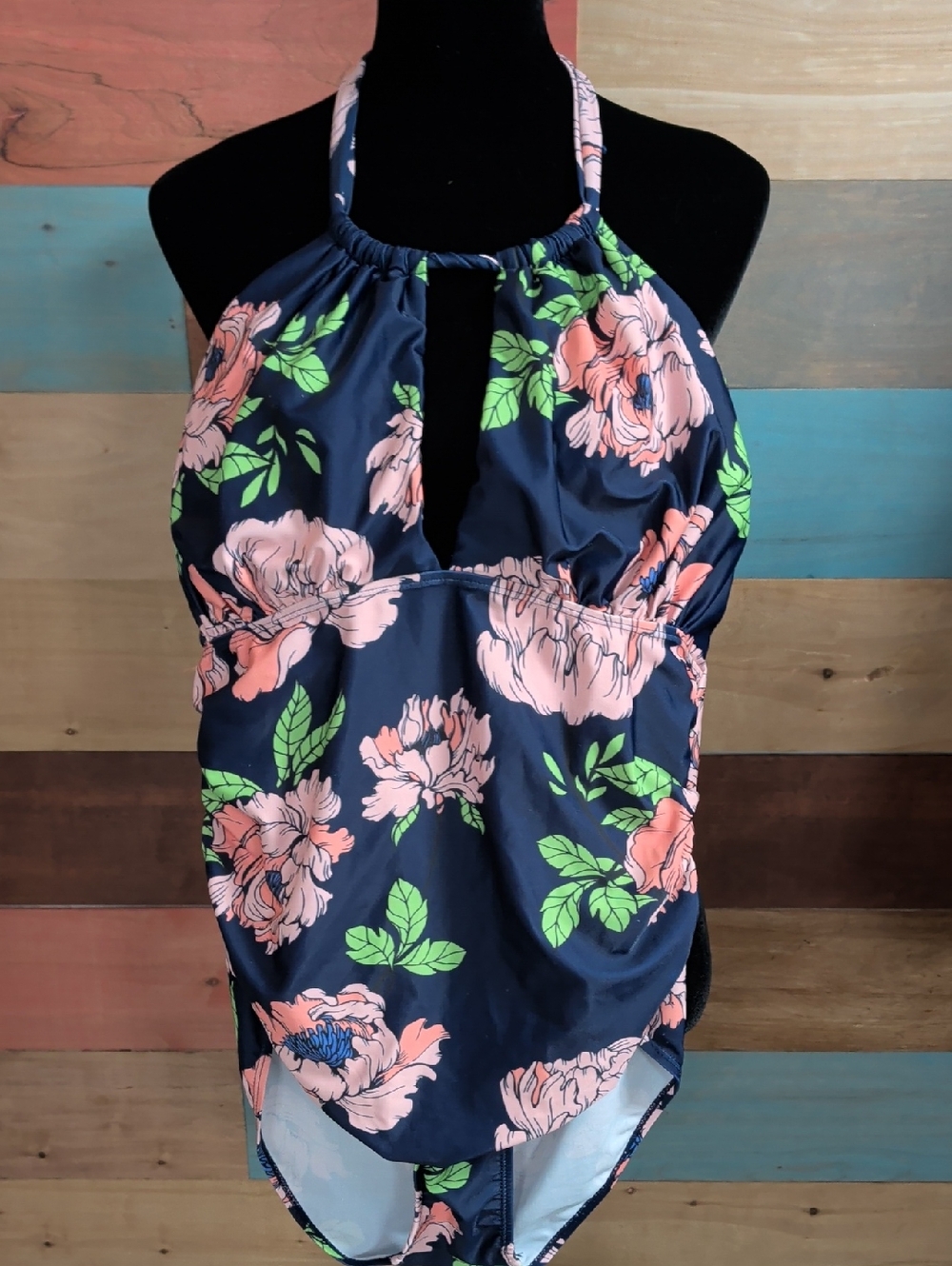 Navy Floral Halter One-Piece Swimsuit in Peach